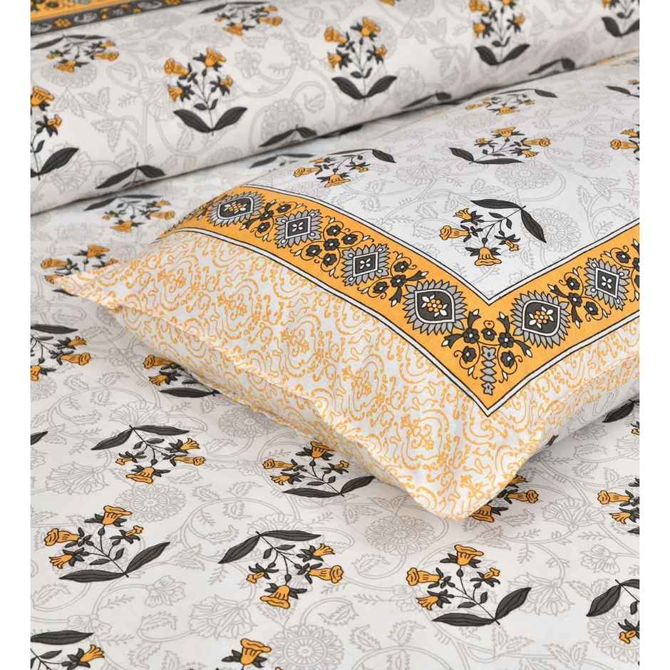 CasaCraft Pepperfry King Size Flat Bedsheet & 2 Pillow Cover Yellow Floral Cotton 150 Thread Count