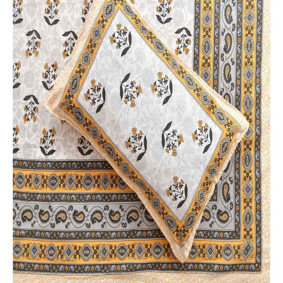 CasaCraft Pepperfry King Size Flat Bedsheet & 2 Pillow Cover Yellow Floral Cotton 150 Thread Count
