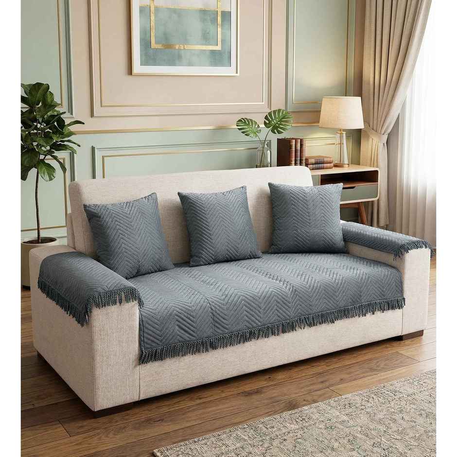 CasaCraft Pepperfry 3 Sofa Covers and Set of 3 Grey Zig-Zag Reversible Velvet Throw Cover for Home