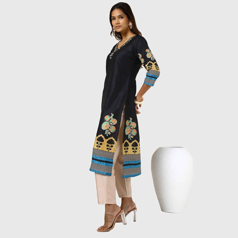Soch Women's Black Muslin Blend Printed Kurta With Cutdana | XL