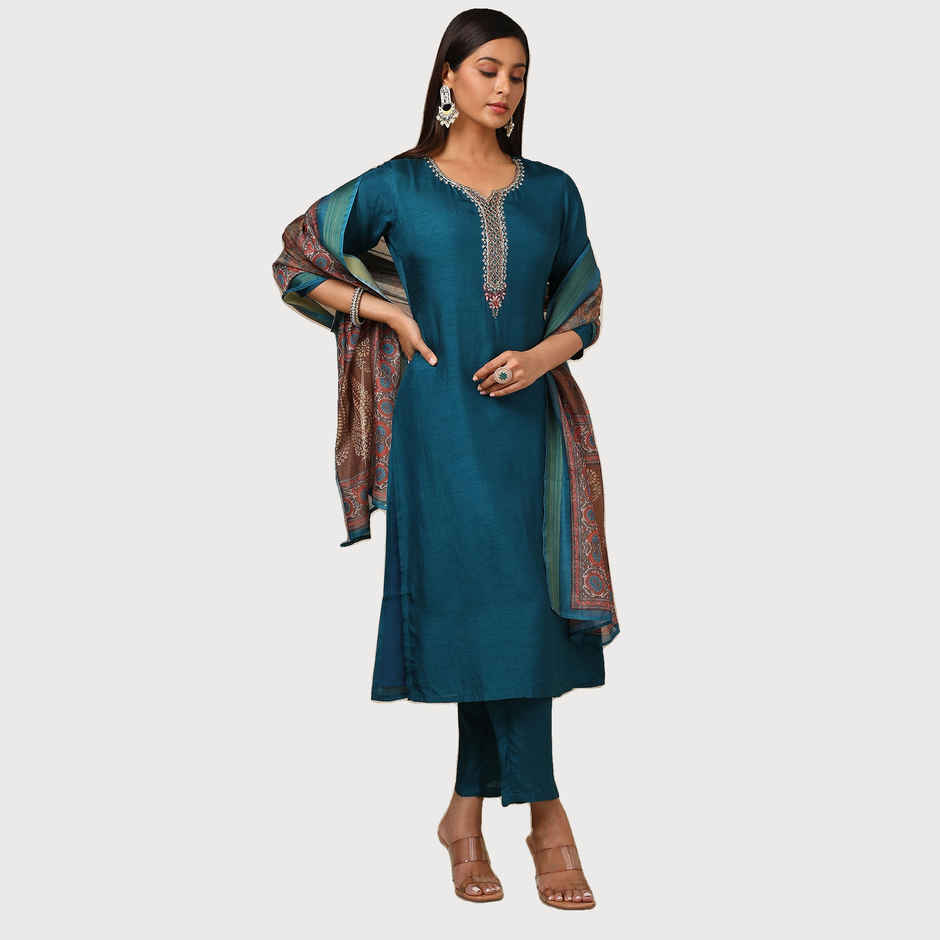 Soch Women's Teal Viscose Blend Embellished Suit Set With Beads And Stones M