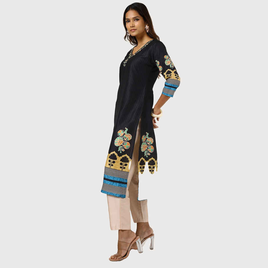 Soch Women's Black Muslin Blend Printed Kurta With Cutdana | S