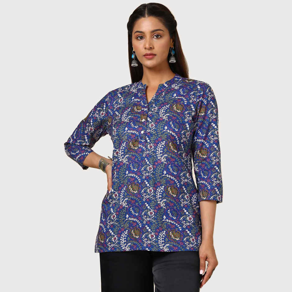 Soch Women's Blue Cotton Blend Floral Print Tunic | M