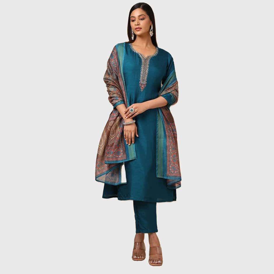 Soch Women's Teal Viscose Blend Embellished Suit Set With Beads And Stones M