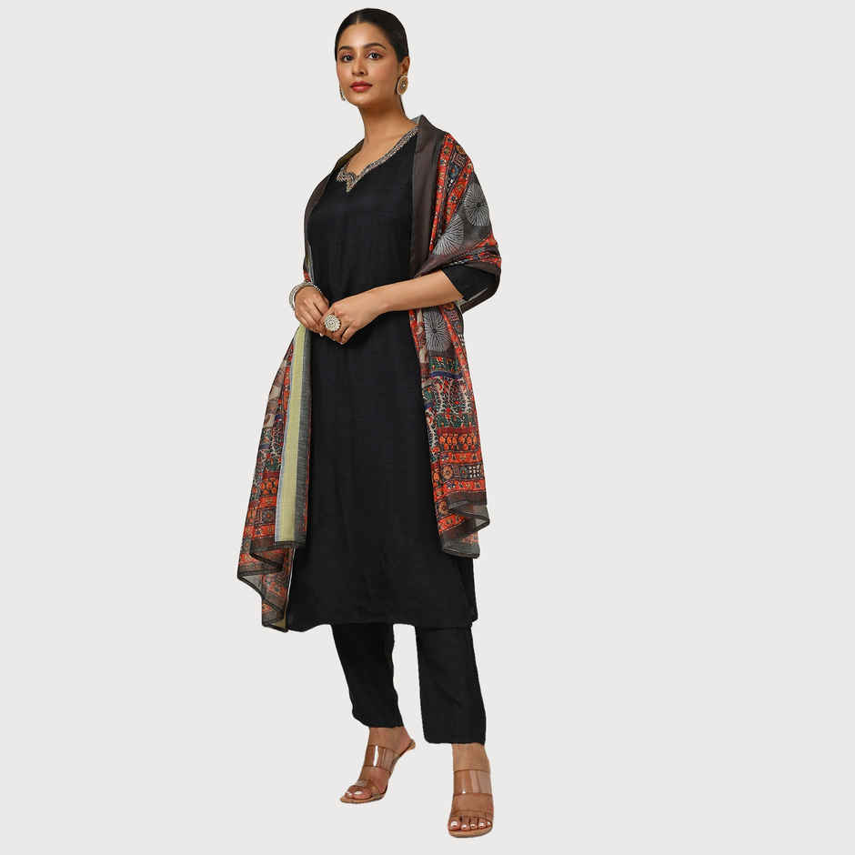 Soch Women's Black Viscose Blend Embellished Suit Set With Mirror And Cutdana M