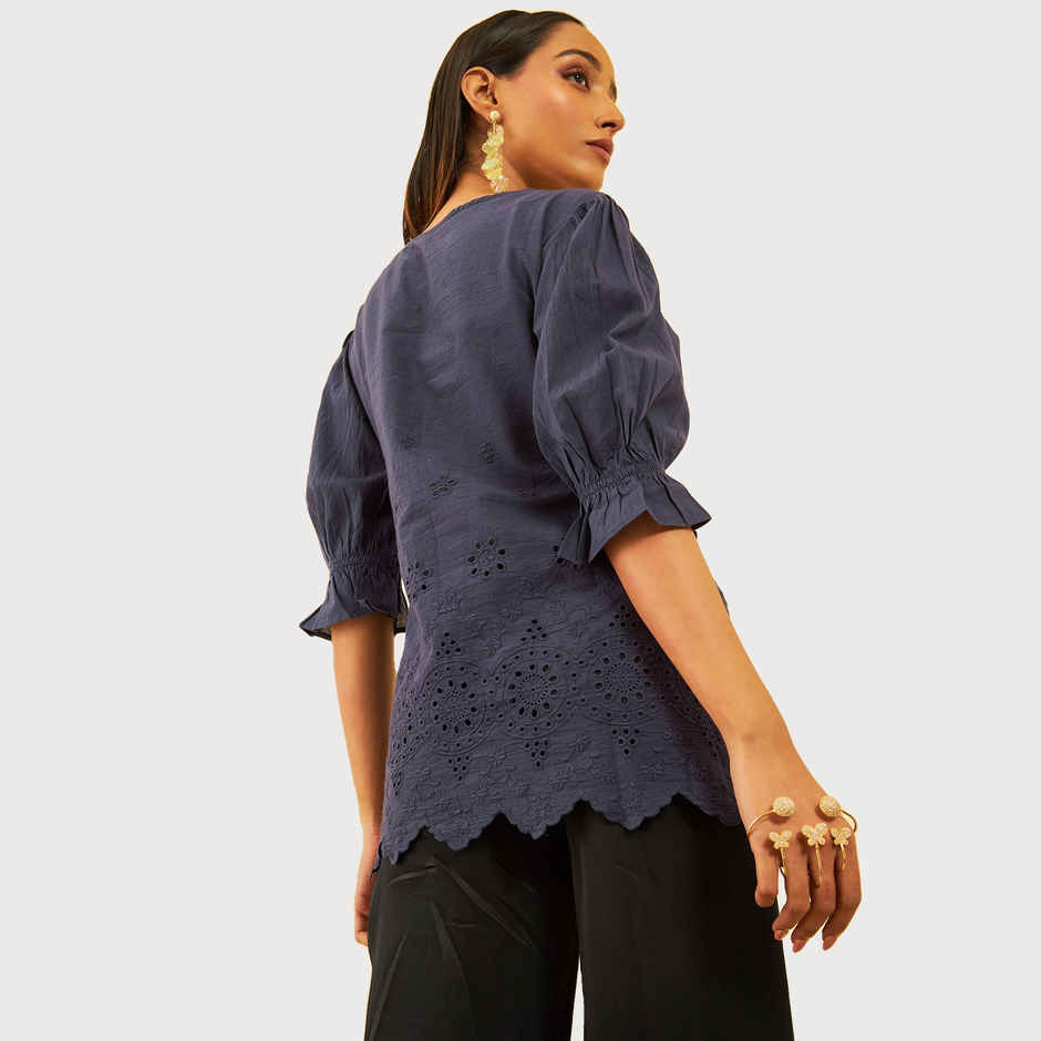 Soch Women's Blue Cotton Schiffli Tunic With Thread Work L