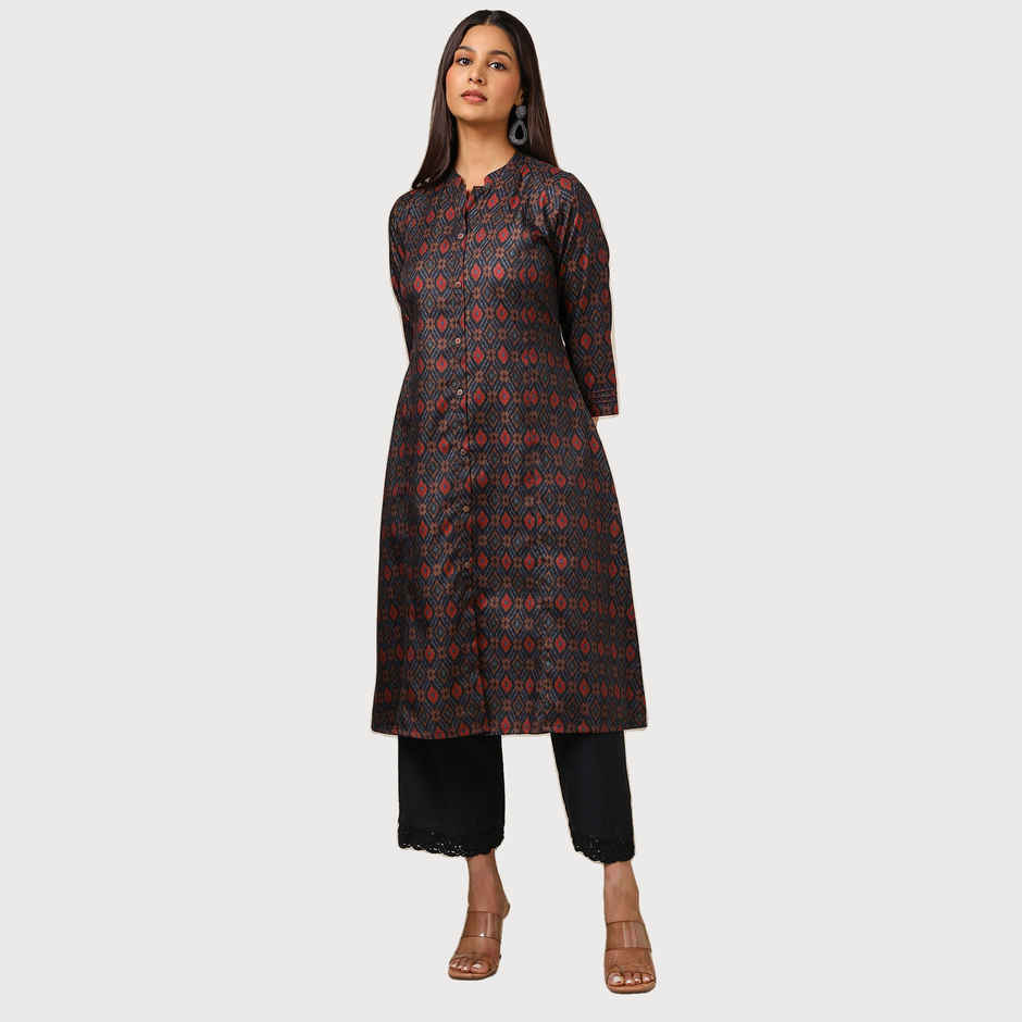 Soch Women's Navy Blue Linen Blend Ikat Print Kurta | M