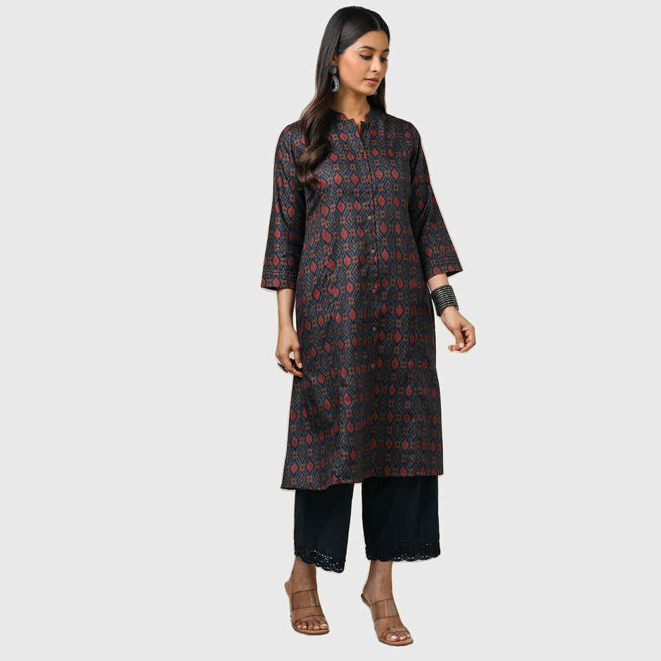 Soch Women's Navy Blue Linen Blend Ikat Print Kurta | M