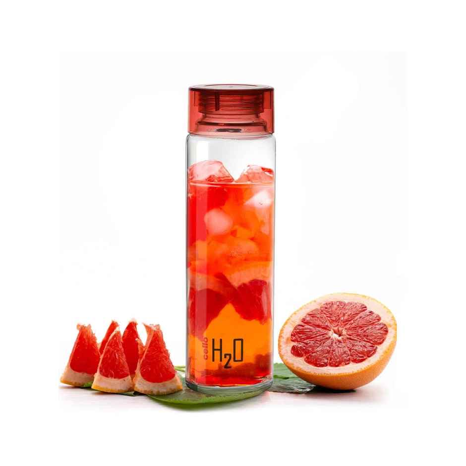 Cello Glass H2O Fridge Water Bottle with Plastic Cap | Red | 920 ml