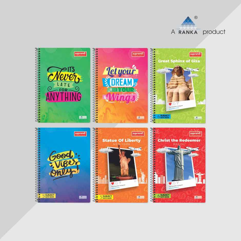supremo A4 Spiral 5 Subject Notebook Unruled (30 x 21 cm, 300 Pages, Assorted Designs)