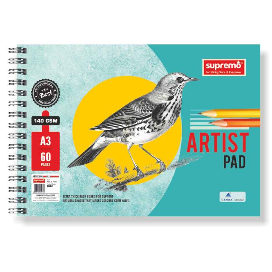 Supremo Artist Pad A3 Wiro | Unruled 60 Pages | 140 Gsm Paper | Assorted Design & Color