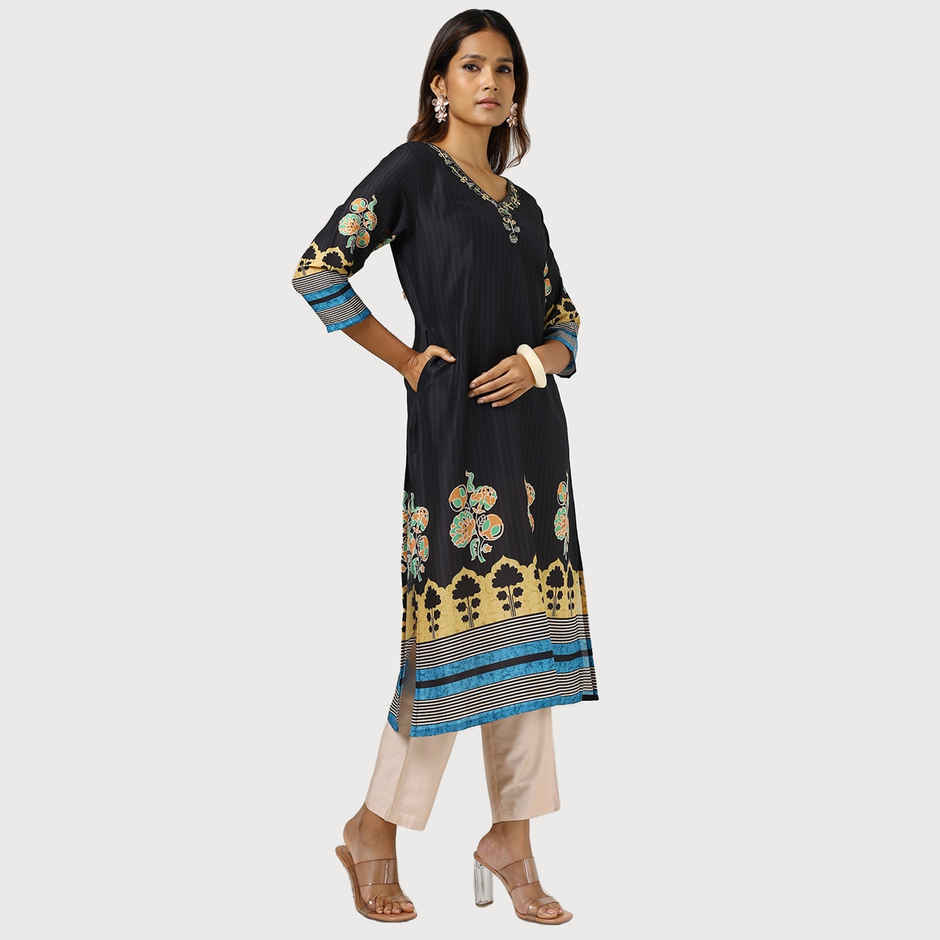 Soch Women's Black Muslin Blend Printed Kurta With Cutdana | S