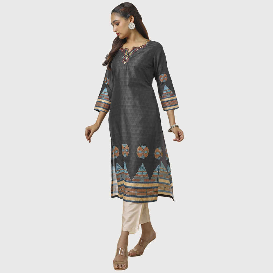 Soch Women's Black Muslin Blend Embroidered Kurta With Beads | XL