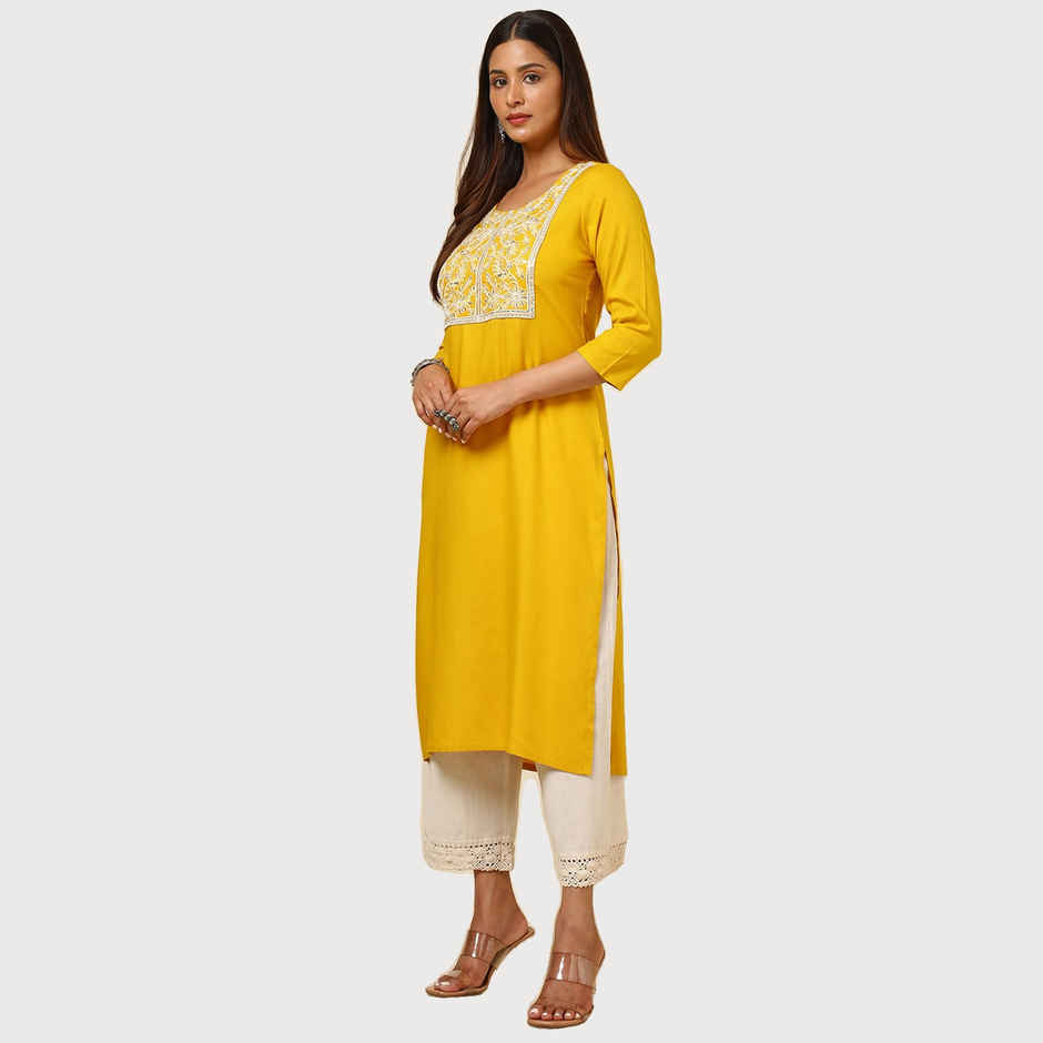 Soch Women's Mustard Rayon Embroidered Kurta With Sequins | M