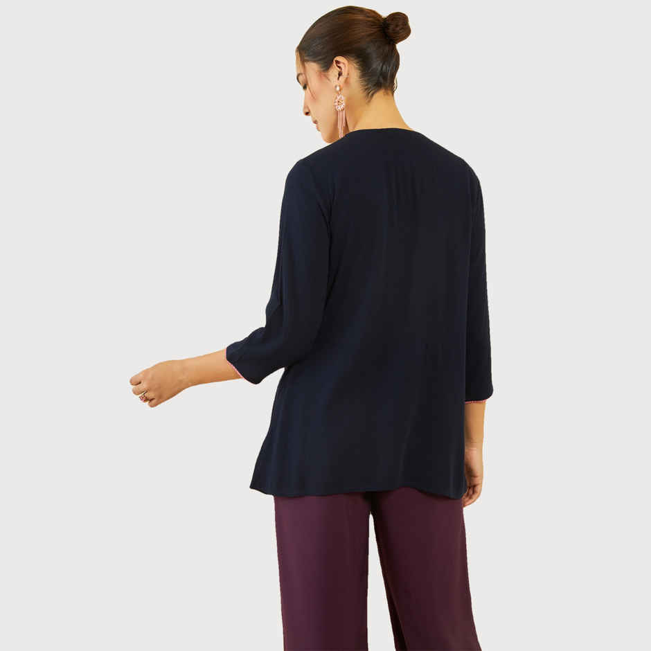 Soch Women's Navy Blue Crepe Embroidered Tunic With Thread Work M