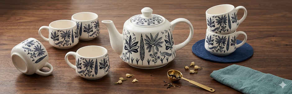Saffron Botanical Black & White Printed Ceramic Tea Kettle Milk Pot & Cup Set