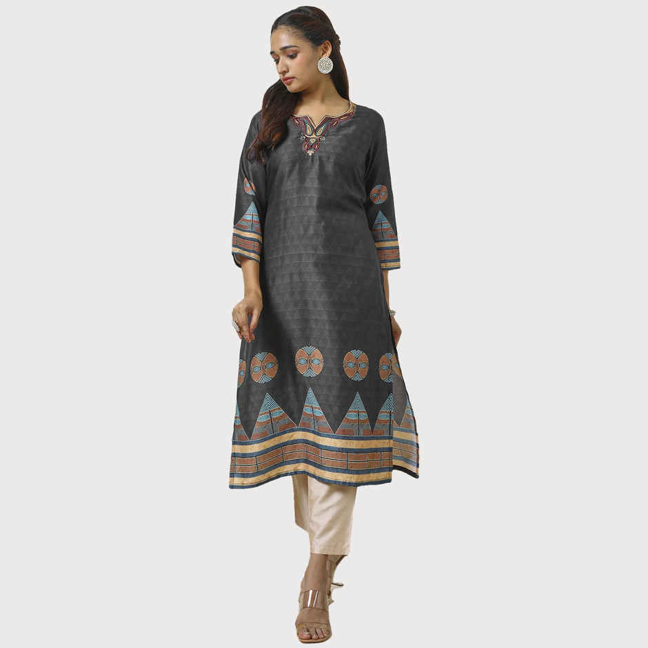 Soch Women's Black Muslin Blend Embroidered Kurta With Beads | XL