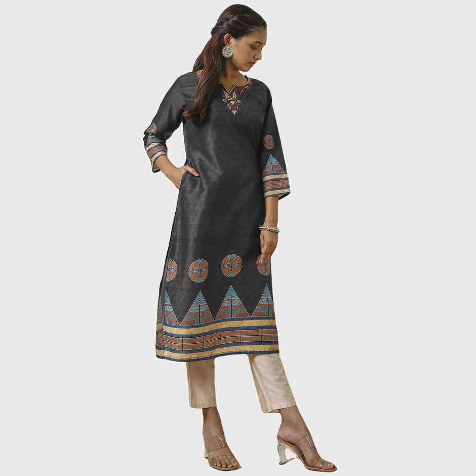 Soch Women's Black Muslin Blend Embroidered Kurta With Beads | XL