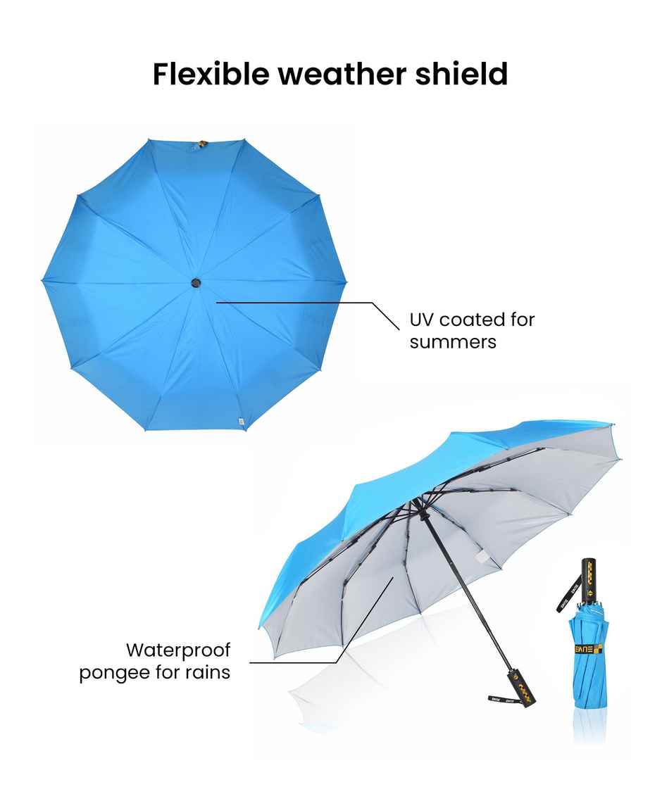 EUME 3 Fold 23.5 Inch Auto Open Close Sky Blue - Silver Umbrella