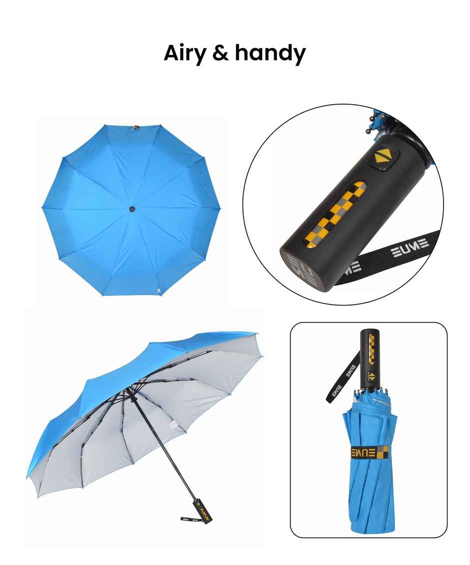 EUME 3 Fold 23.5 Inch Auto Open Close Sky Blue - Silver Umbrella