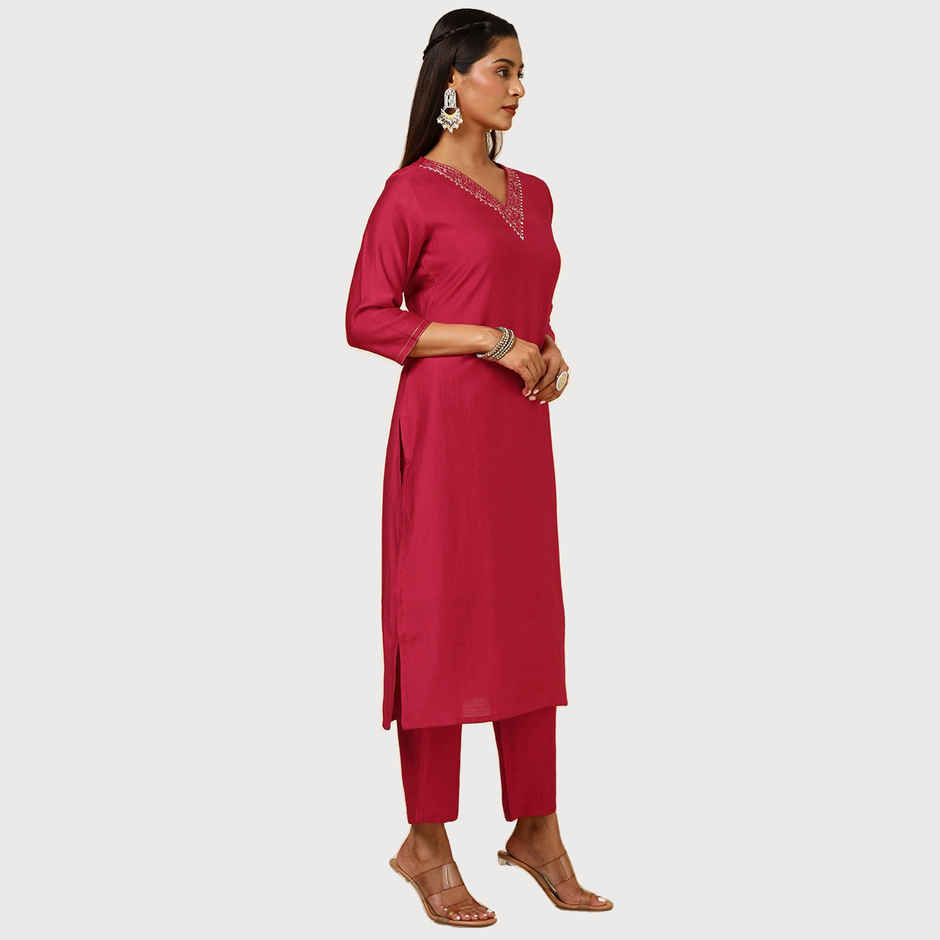Soch Women Red Viscose Blend Embellished Kurta Set with Beads And Stones S