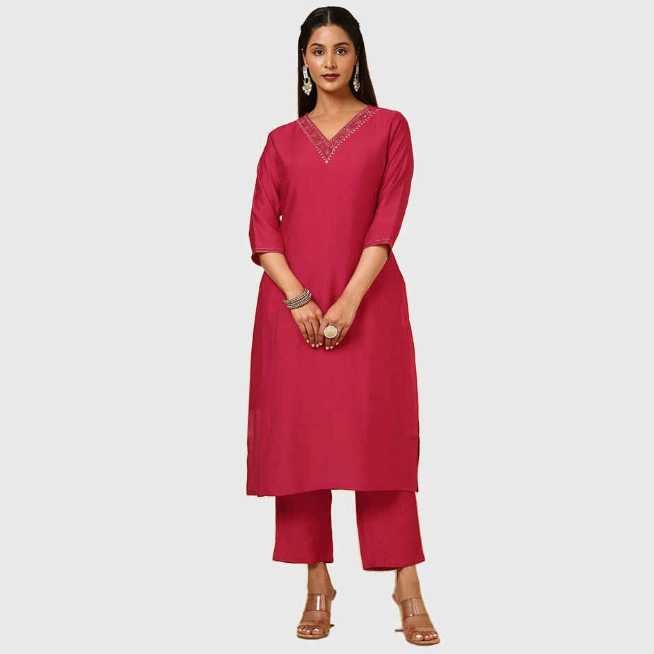 Soch Women Red Viscose Blend Embellished Kurta Set with Beads And Stones S