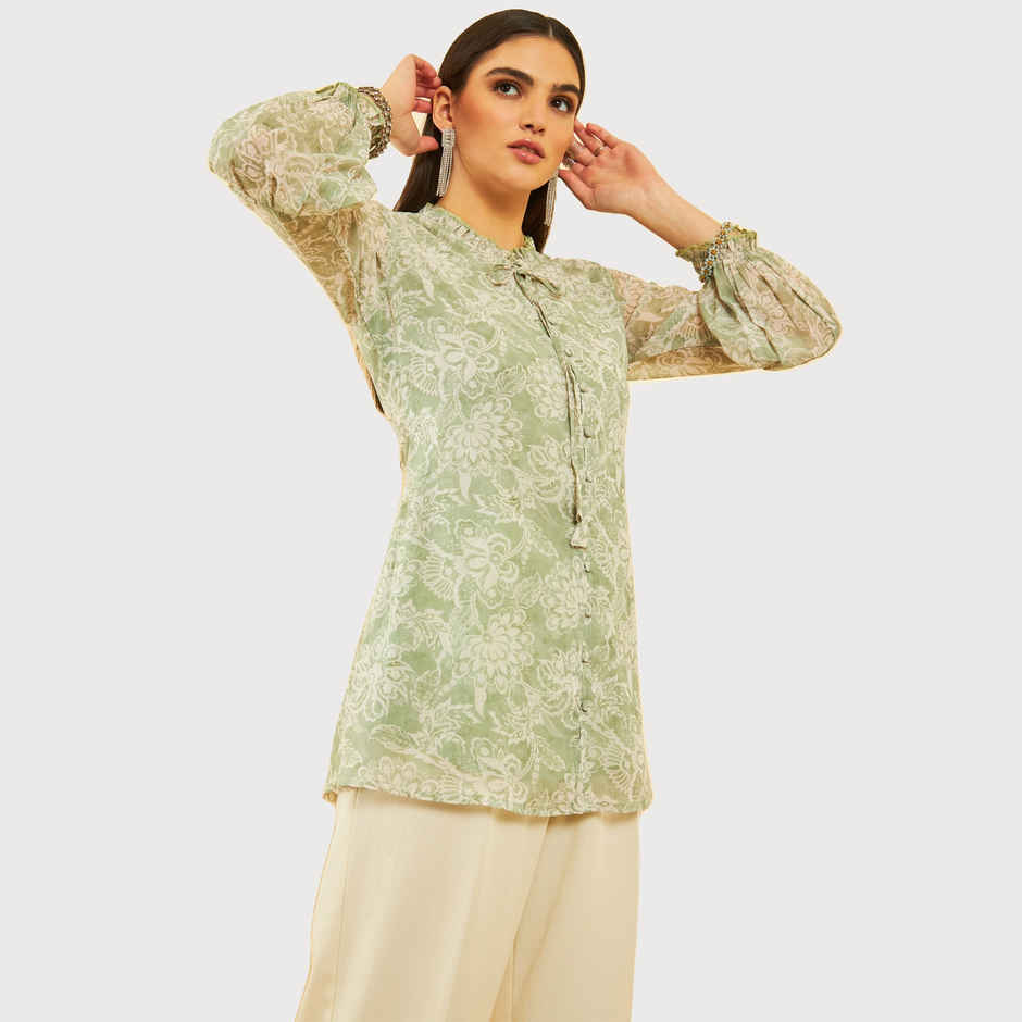 Soch Women's Sap Green Georgette Blend Floral Print Tunic S