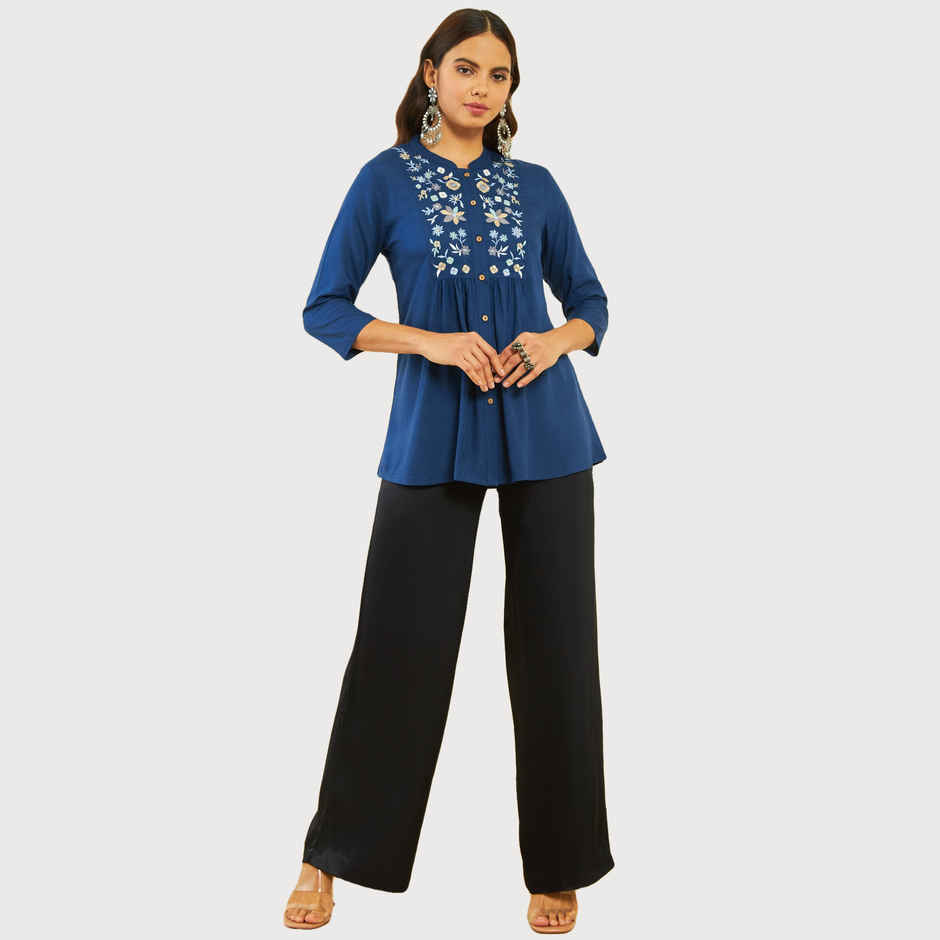 Soch Women's Teal Rayon Embroidered Tunic With Thread Work XL