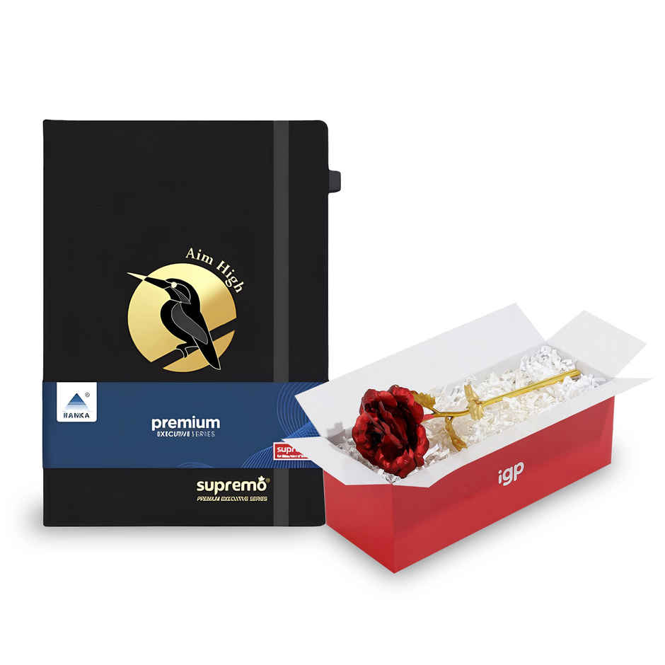 A5 Pu Diary Elastic Band And Pen Holder-192 Pages (Assorted Prints)(1pc) & Igp Golden Rose Forever(1pc) Combo