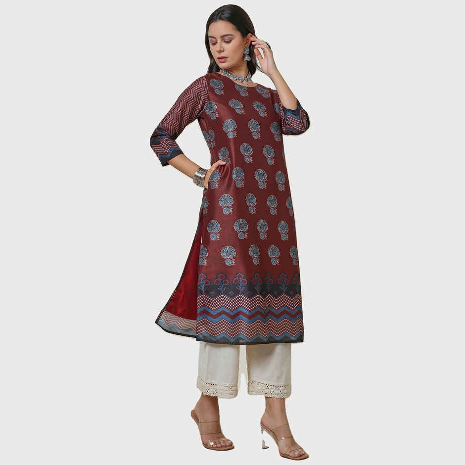 Soch Women's Maroon Silk Blend Floral Print Kurta | L
