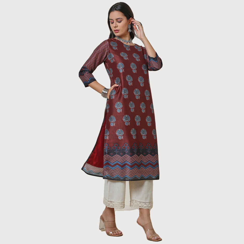 Soch Women's Maroon Silk Blend Floral Print Kurta | M