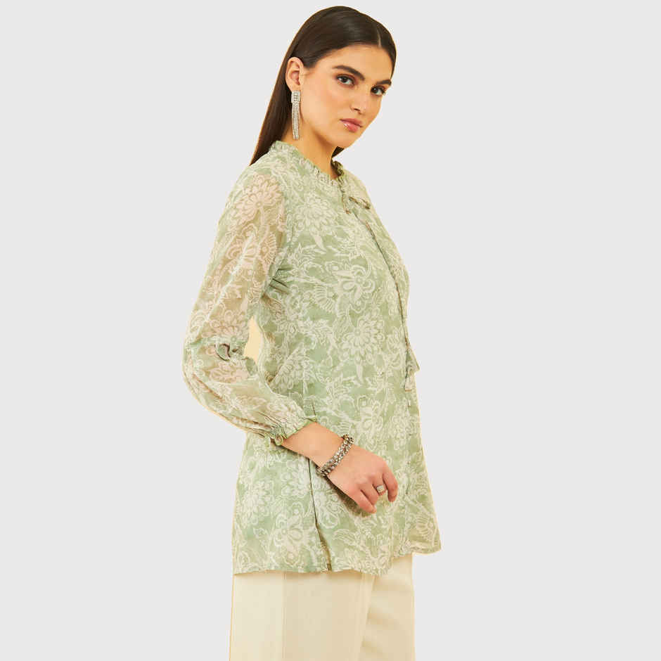 Soch Women's Sap Green Georgette Blend Floral Print Tunic M