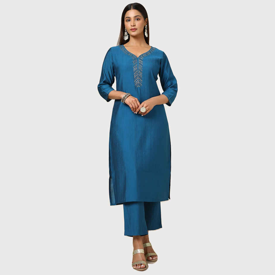 Soch Women's Blue Viscose Blend Embellished Kurta Set With Cutdana | M
