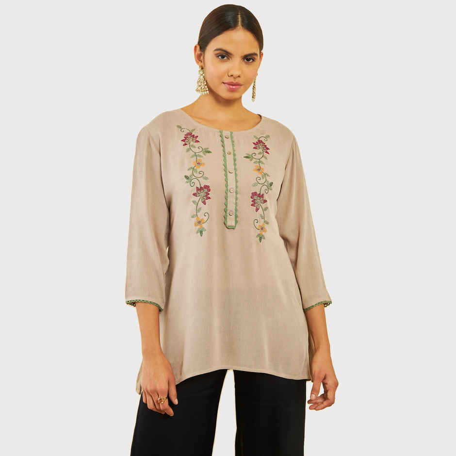 Soch Women's Beige Crepe Embroidered Tunic With Thread Work M
