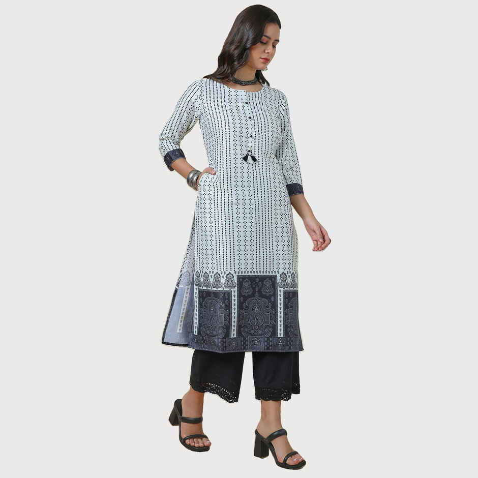Soch Women's Off White Bandhani Print Kurta With Tassels - M