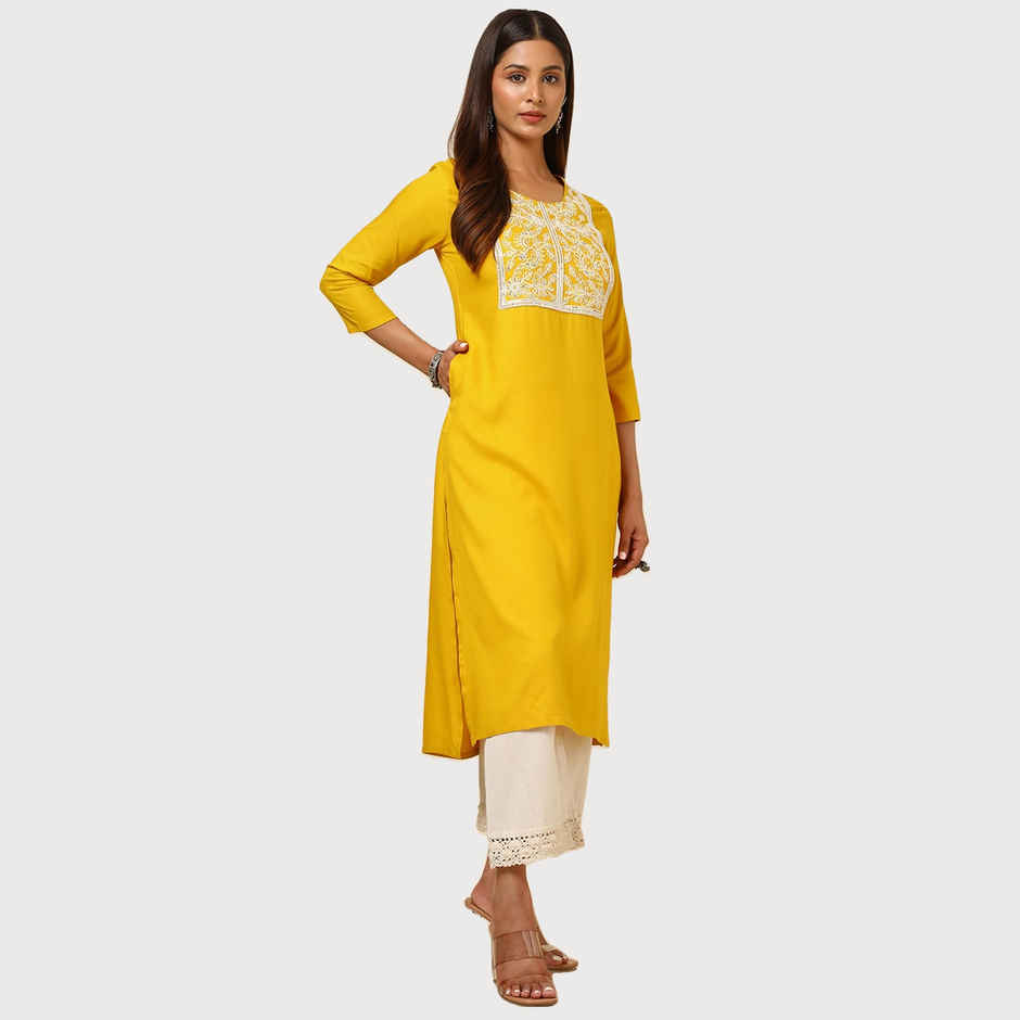 Soch Women's Mustard Rayon Embroidered Kurta With Sequins | M