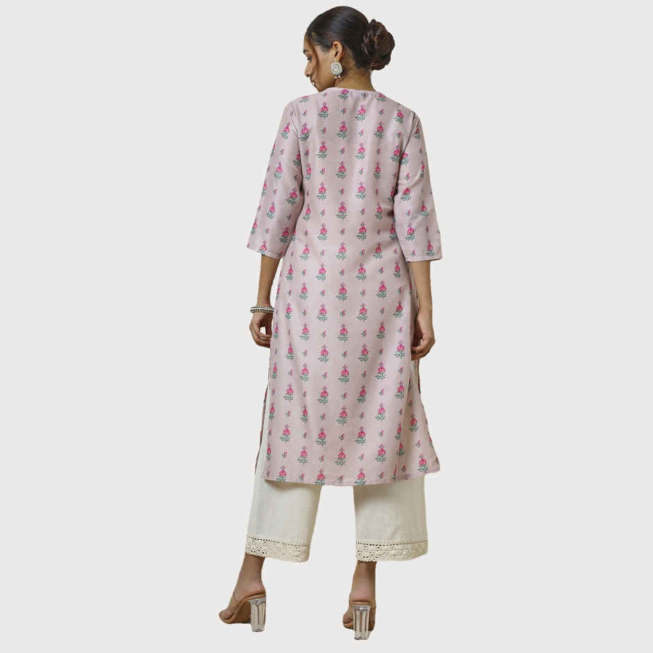 Soch Women's Peach Muslin Blend Floral Print Kurta With Faux Mirror | M