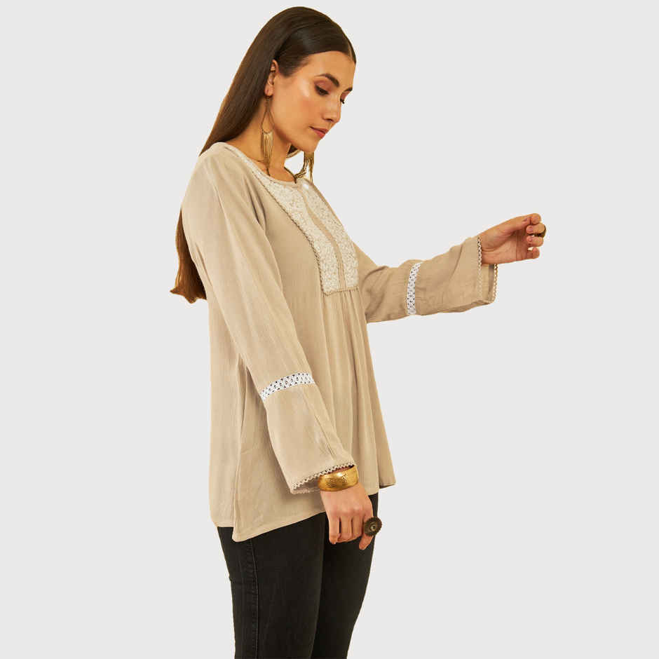 Soch Women's Beige Crepe Embroidered Tunic With Thread Work S