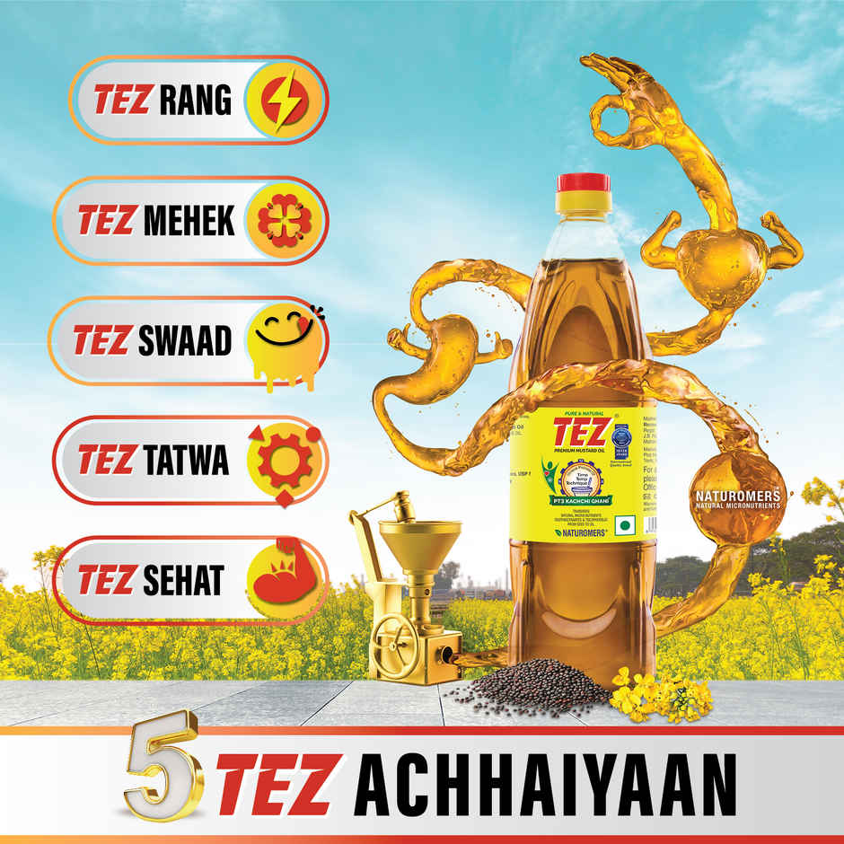 Tez Mustard Oil  Pure & Natural PT3 Kachchi Ghani Sarson Ka Tel 500ml Bottle