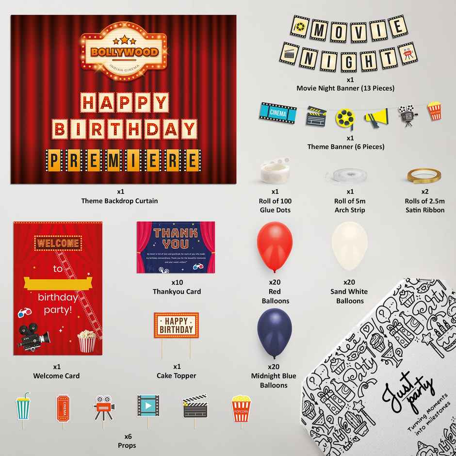 Just Party Bollywood Theme Birthday Decoration Kit With Backdrop | Balloons | Banner - Pack Of 100