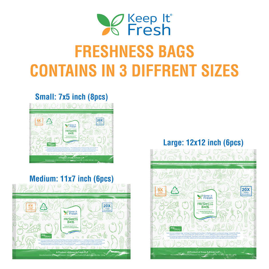 KEEP IT FRESH Reusable Zip Lock Bags | 6L, 6M, 8S | Extends Shelf life of Fruits & Vegetables