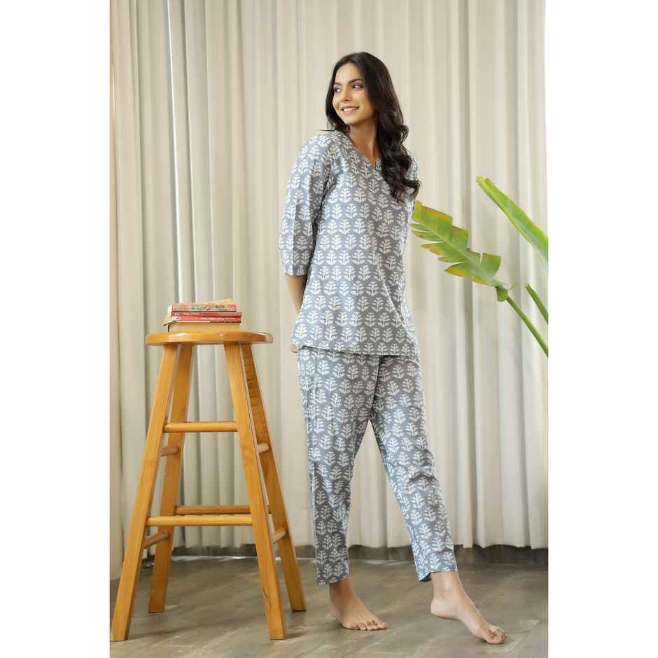 Sanskrutihomes Women's Printed Night Suit | Grey - L