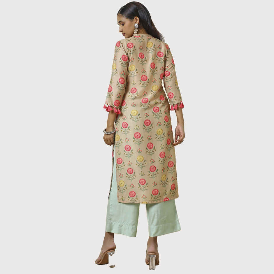 Soch Women's Beige Muslin Blend Floral Print Kurta With Tassels L