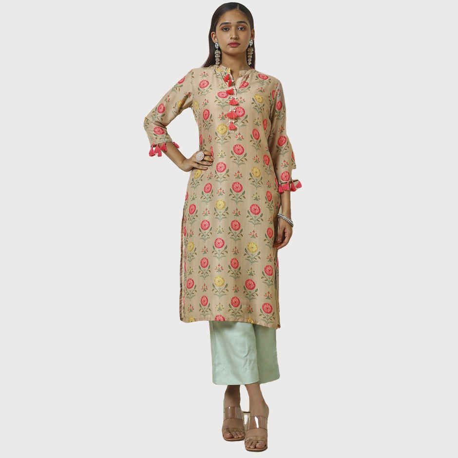 Soch Women's Beige Muslin Blend Floral Print Kurta With Tassels L