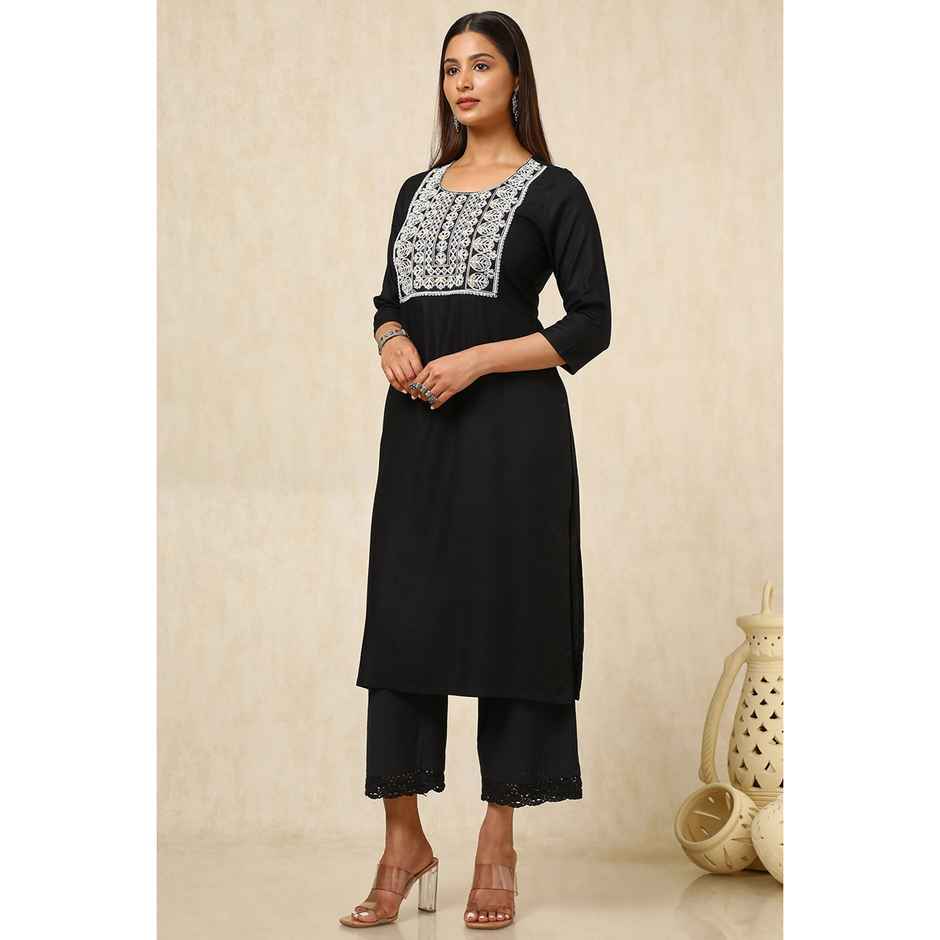 Soch Women's Black Rayon Embroidered Kurta With Sequins | M