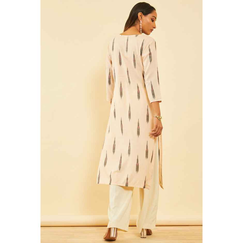 Soch Women's Beige Cotton Ikat Print Kurta With Sequins L