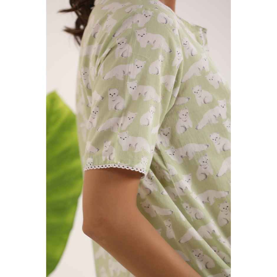 Sanskrutihomes Conversational Printed Pure Cotton Night Shirt And Trousers | Light Green | L