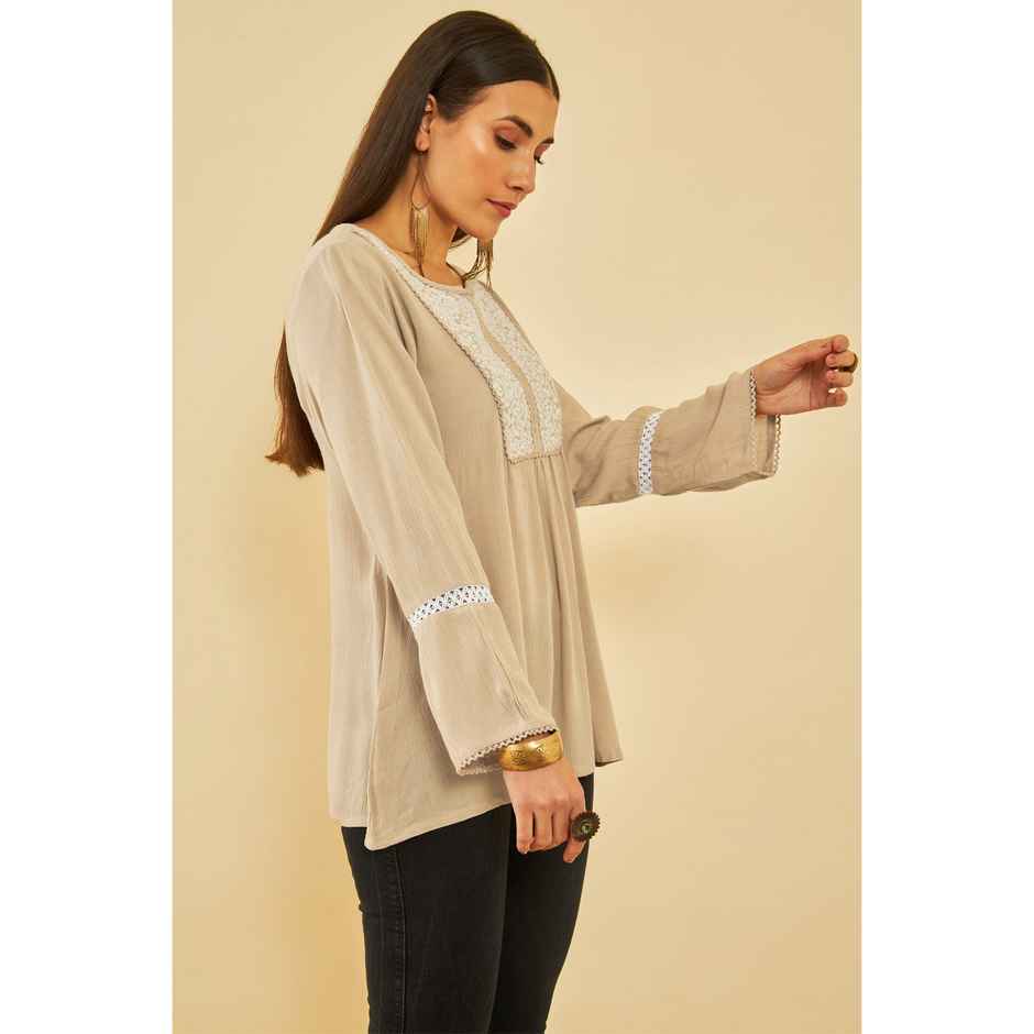 Soch Women's Beige Crepe Embroidered Tunic With Thread Work L
