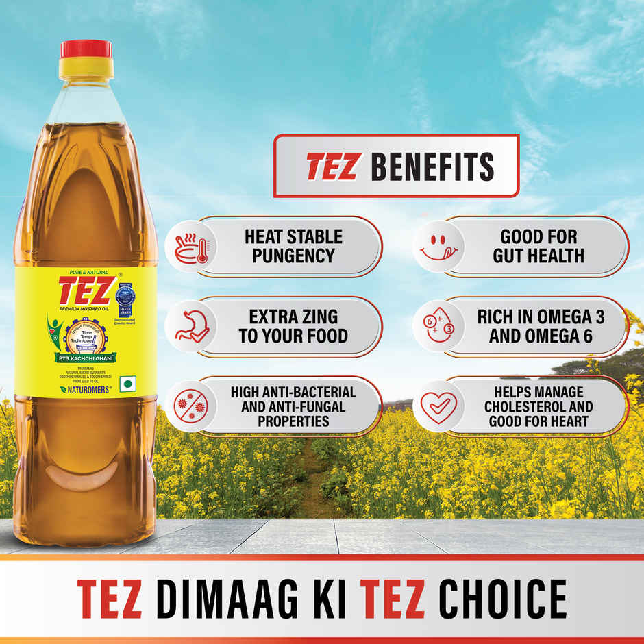 Tez Mustard Oil  Pure & Natural PT3 Kachchi Ghani Sarson Ka Tel 1L Bottle