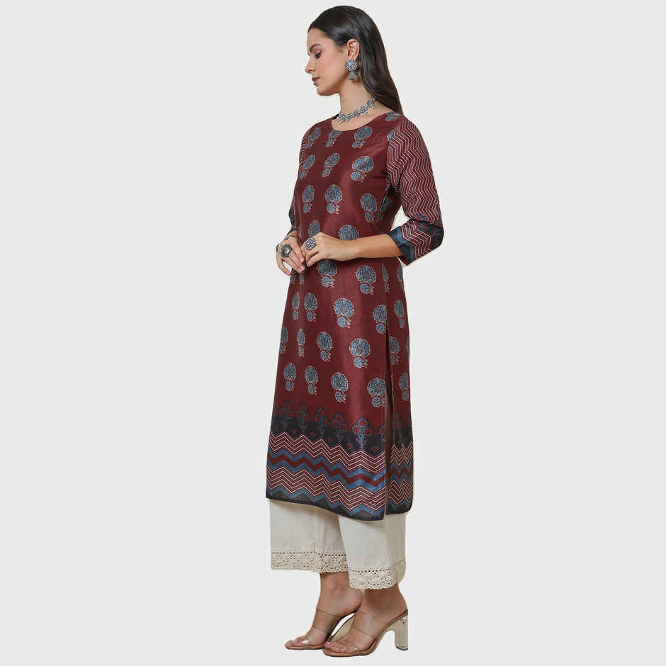 Soch Women's Maroon Silk Blend Floral Print Kurta | L